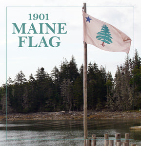 Modern day 1901 original Maine flag blowing above the ocean on the coast of Friendship Island Maine