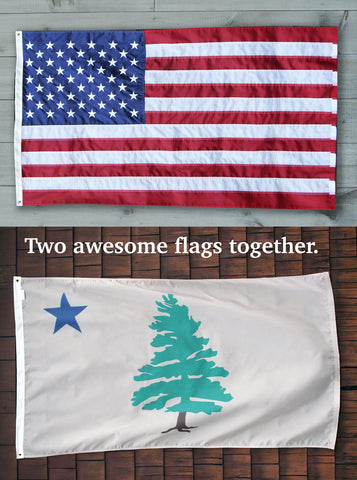 The USA American flag above the original 1901 Maine flag with words Two awesome flags fly together