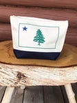Canvas zipper pouch 1901 original Maine flag screen printed on the front. Natural cream zipper pouch with navy bottom.