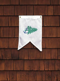 white swallowtail burgee flag with Maine and the Maine Merchant Marine logo with green pine tree and blue anchor wrapped around trunk