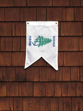 Swallowtail burgee flag with words Dirigo Maine and the Maine Merchant Marine logo with Pine tree and anchor wrapped around trunk white flag with green tree and blue words and anchor